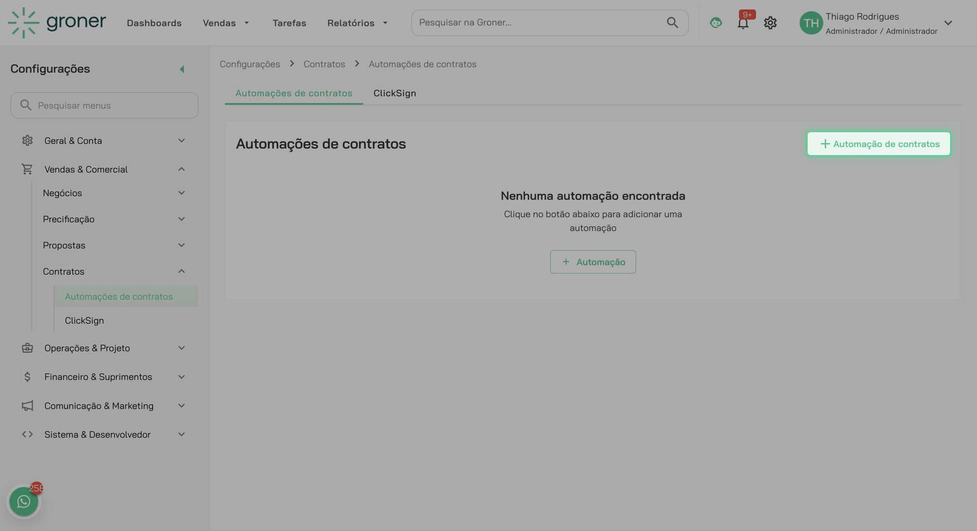 Acesse a seção de Automação de Contratos