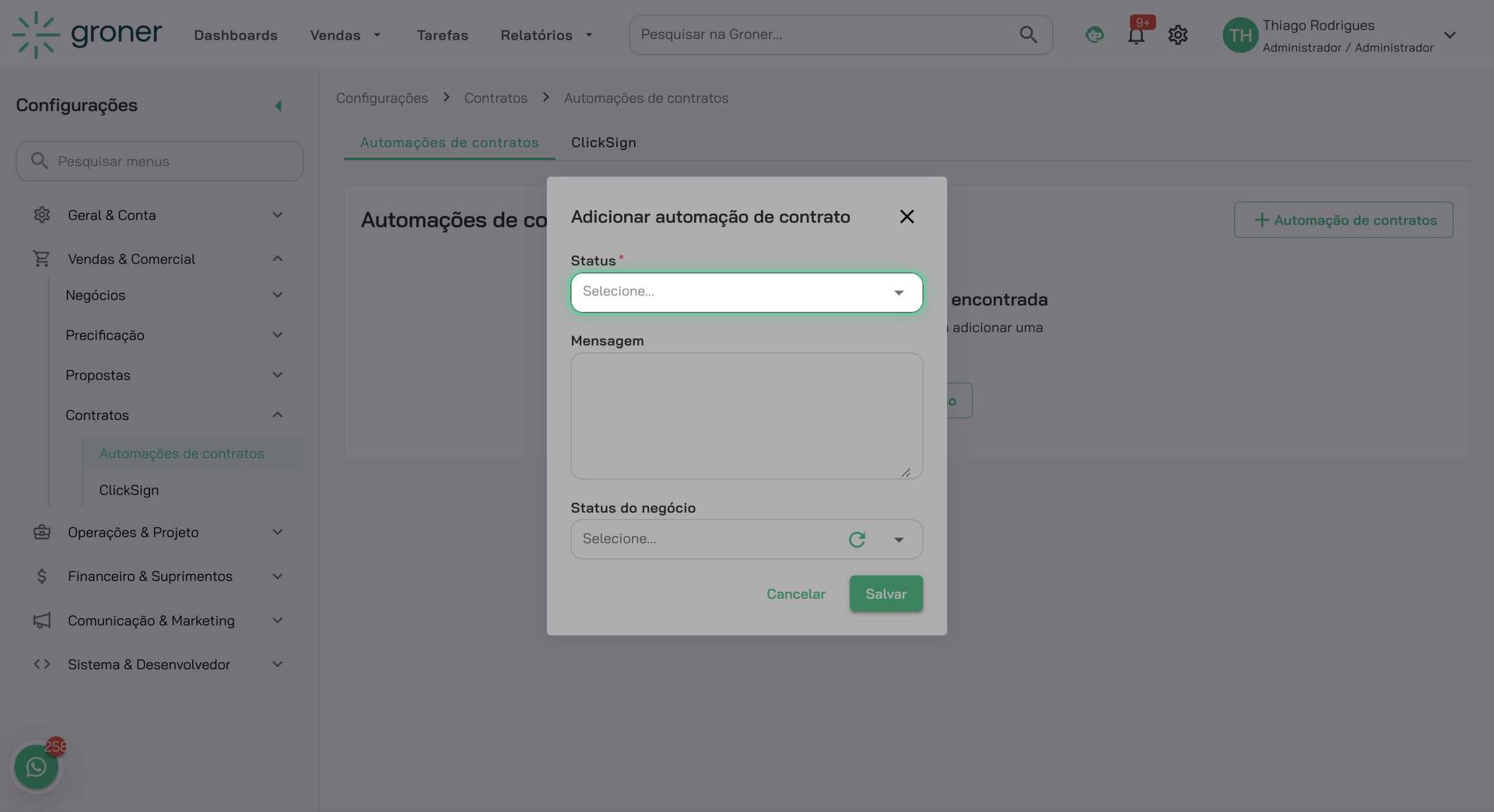 Selecione o status de disparo