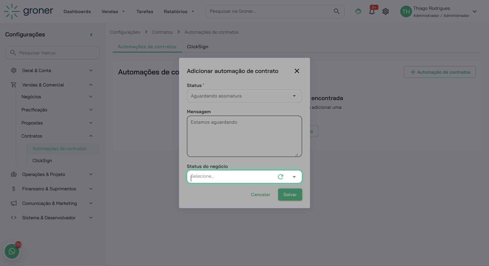 Preencha a mensagem ou ação