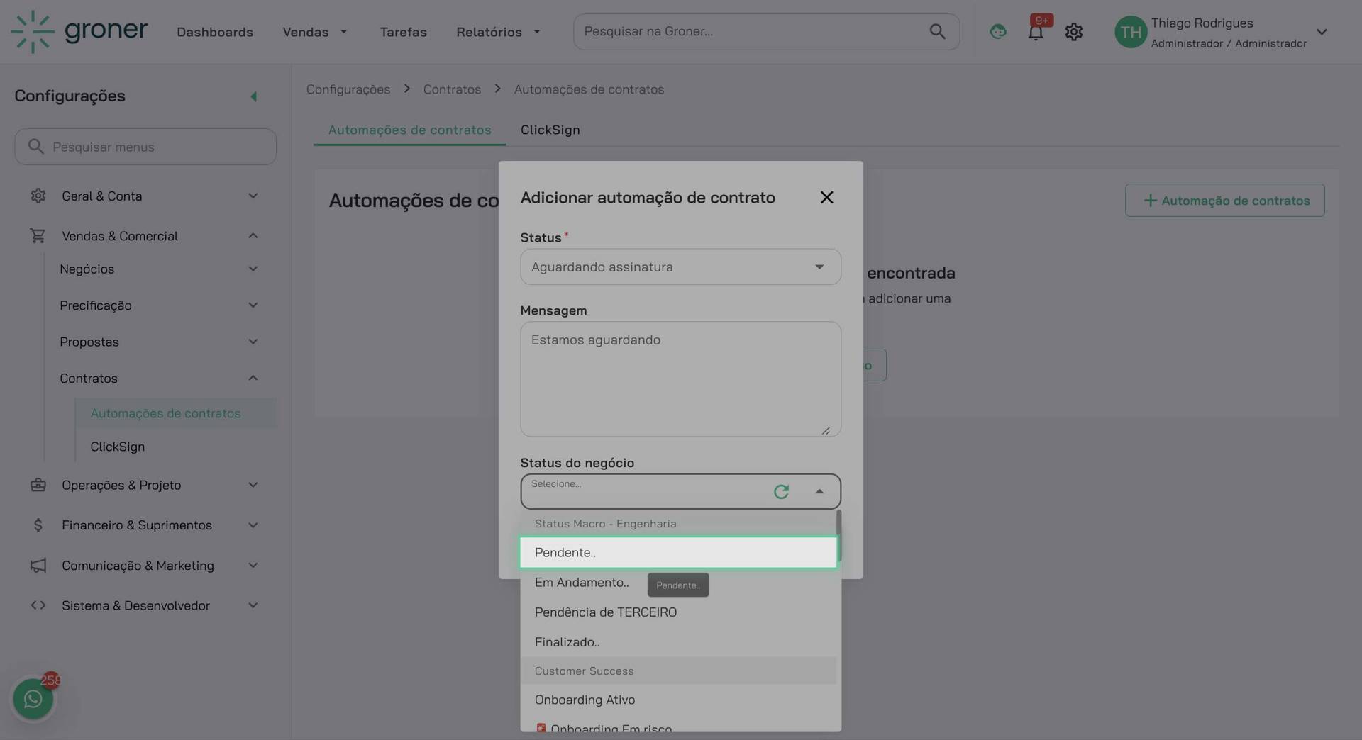 Defina o novo status automático