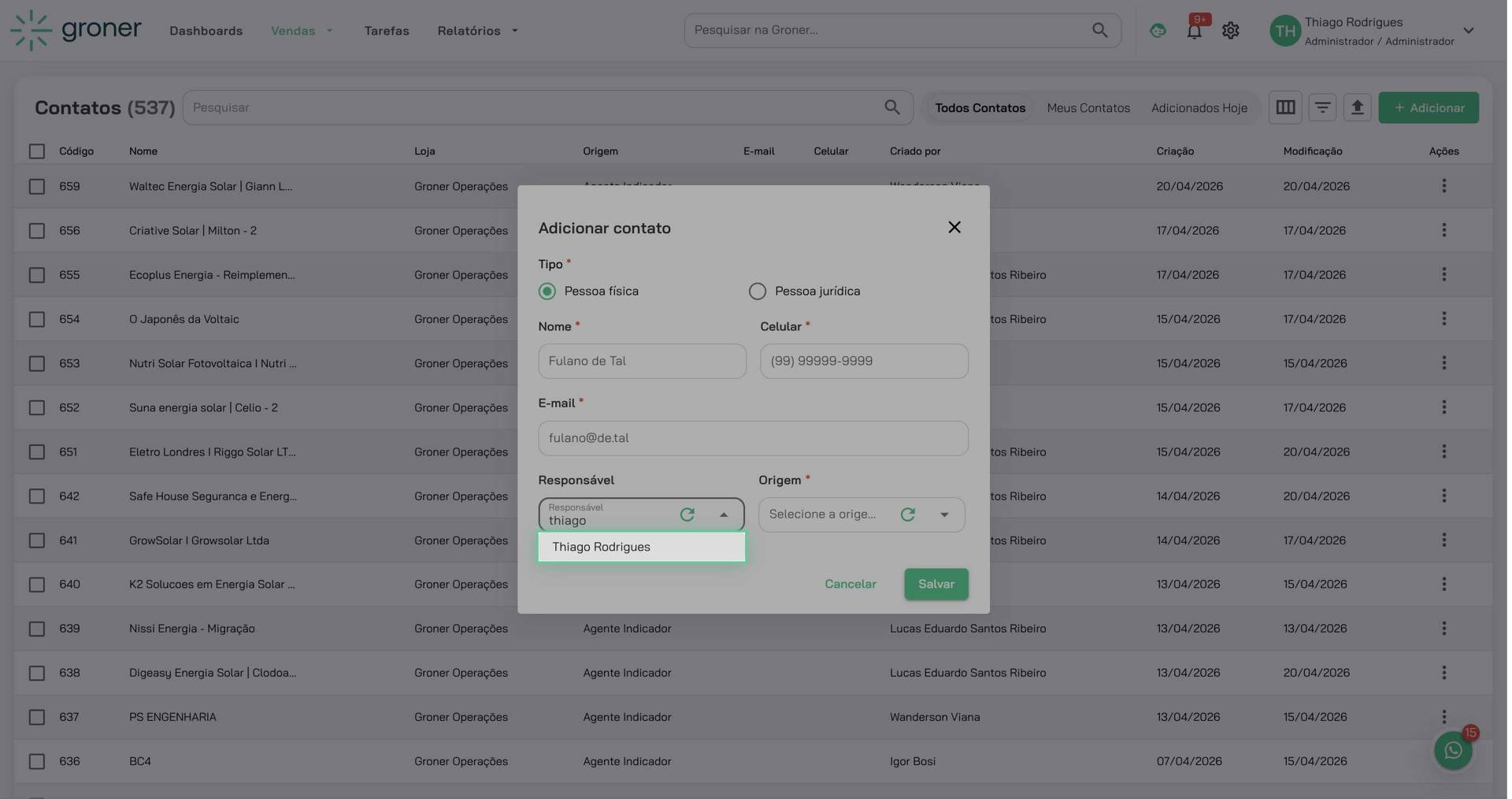 Selecione o agente responsável