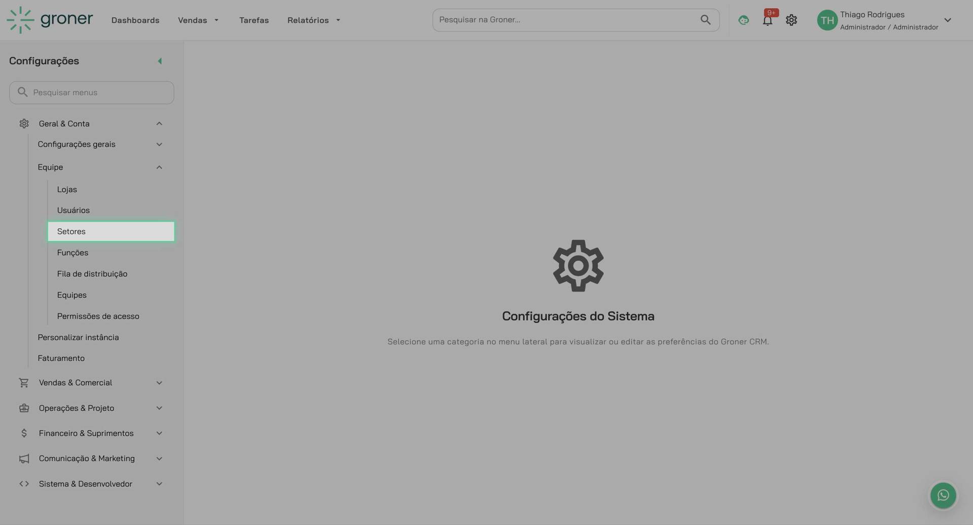 Abra a seção de Setores