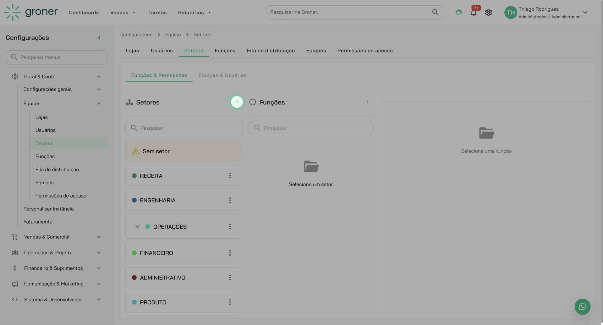Clique em Adicionar para criar um novo setor