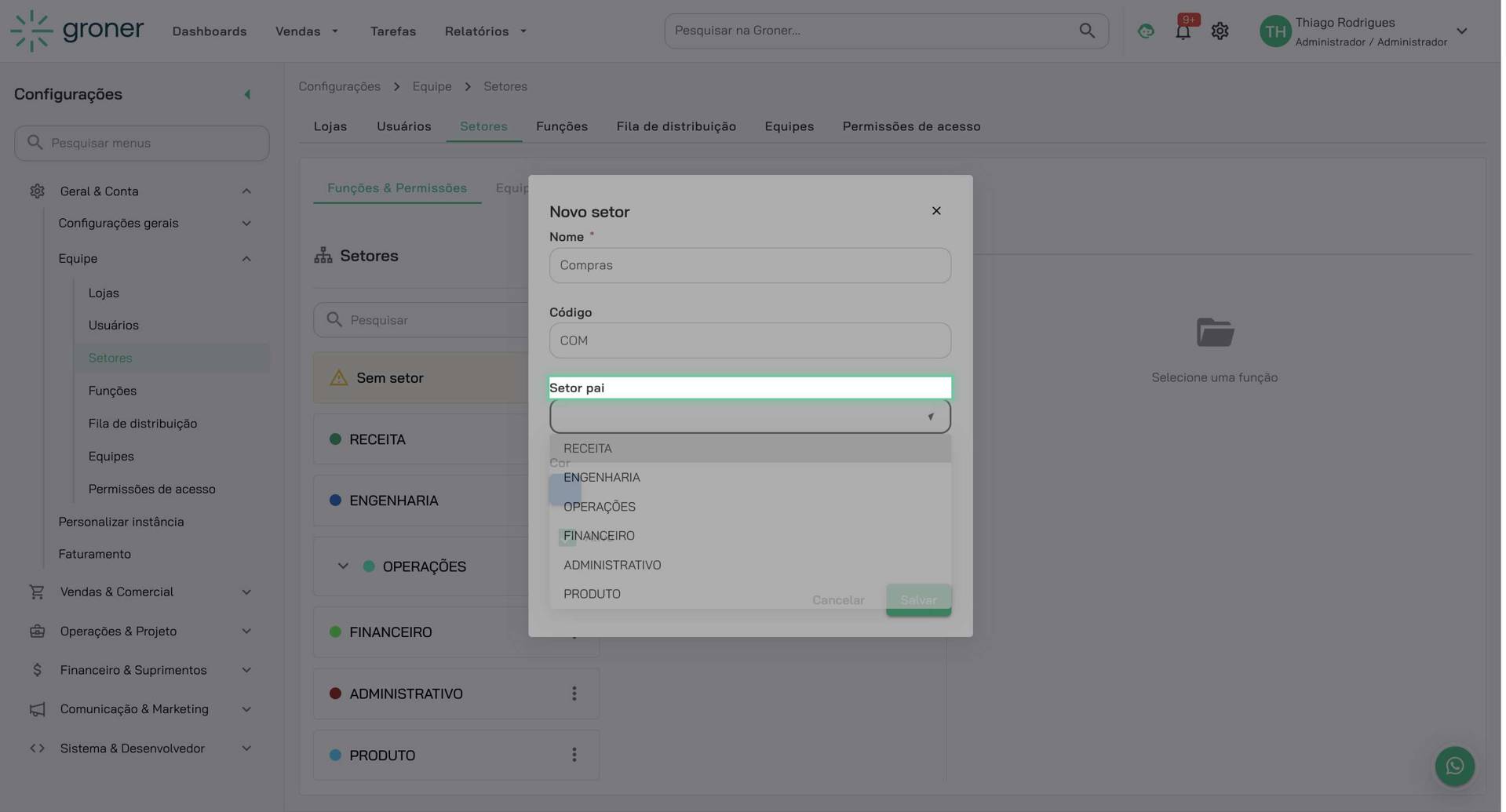 Configure o setor pai (opcional)