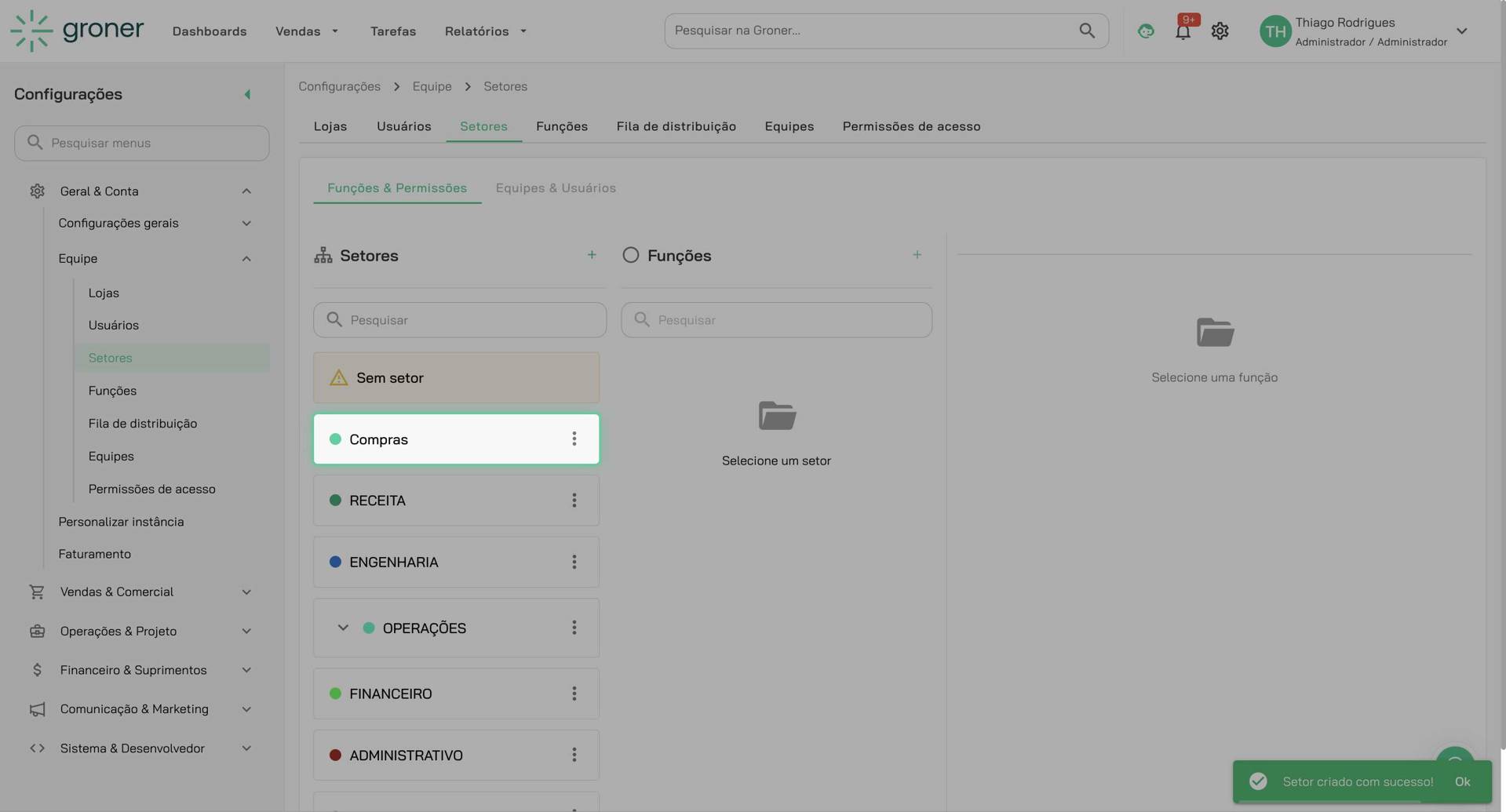Acesse o setor criado para adicionar funções