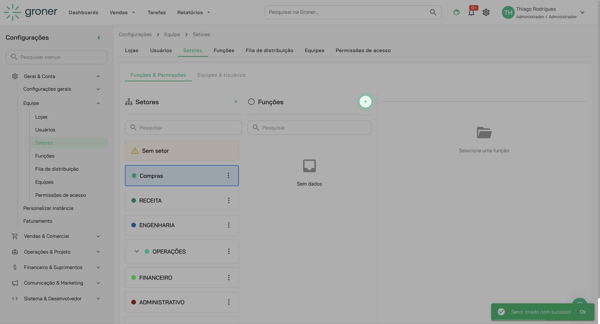 Adicione uma nova função ao setor
