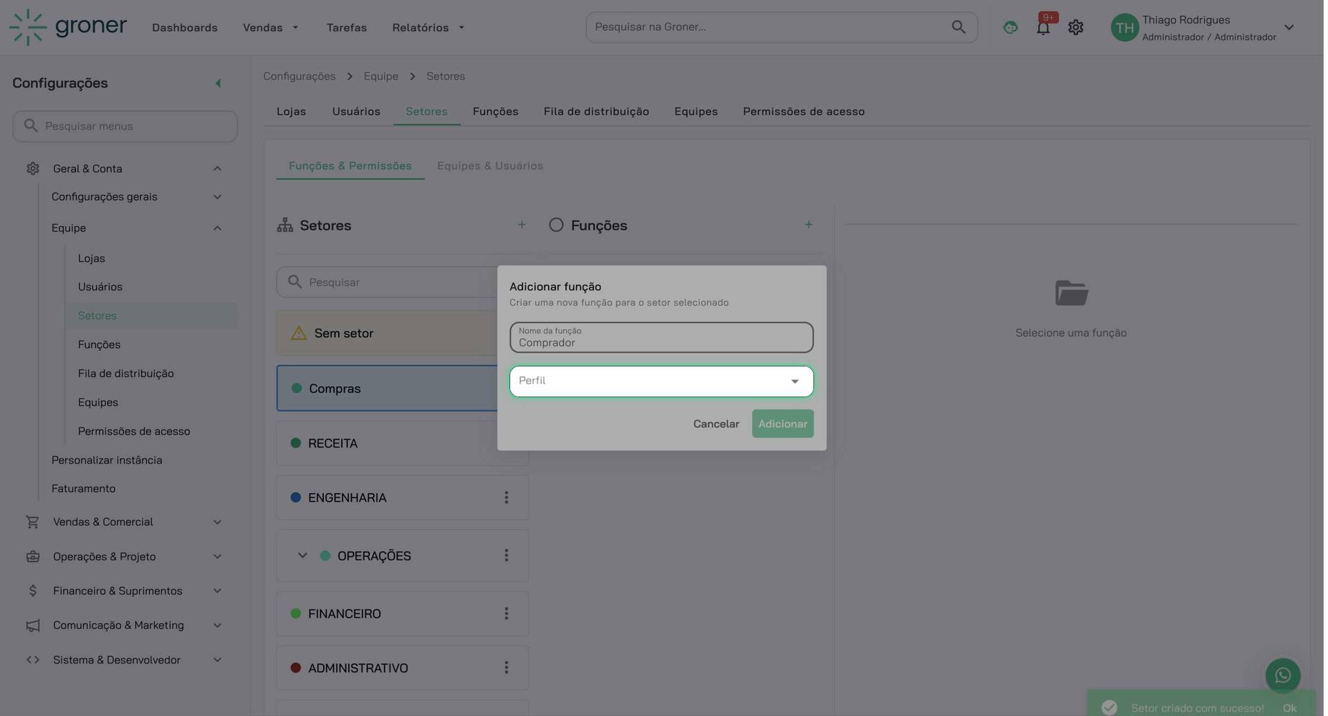 Selecione o perfil da função