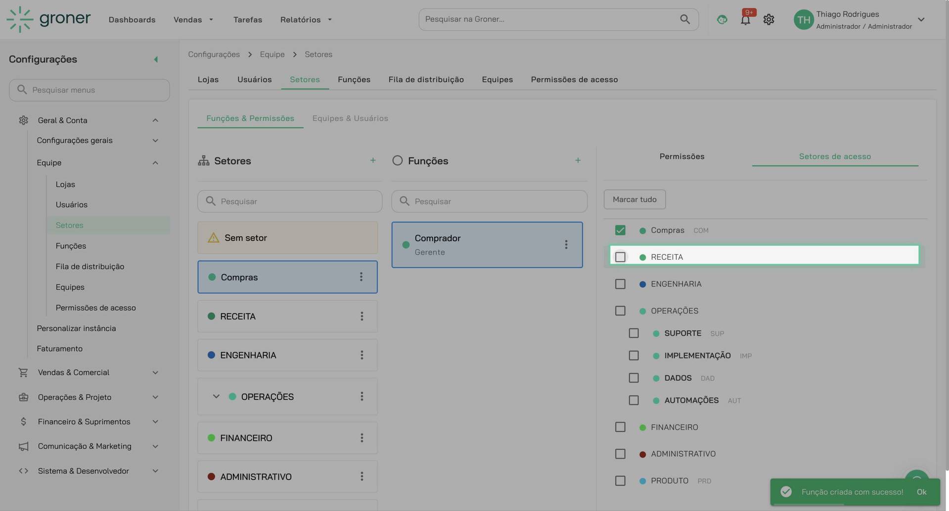 Selecione os setores permitidos