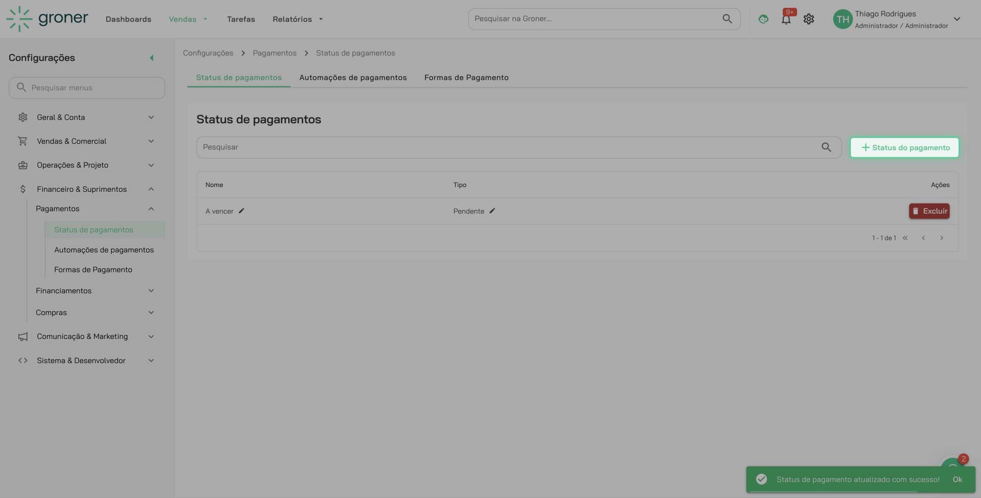 Repita o processo para novos status