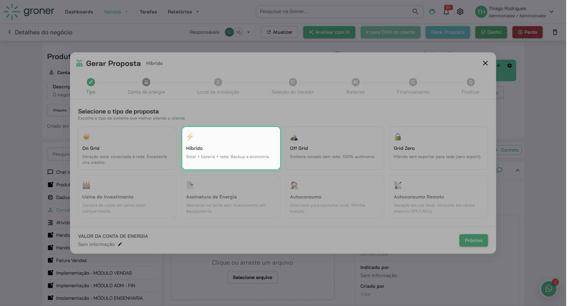 Escolha o tipo de sistema