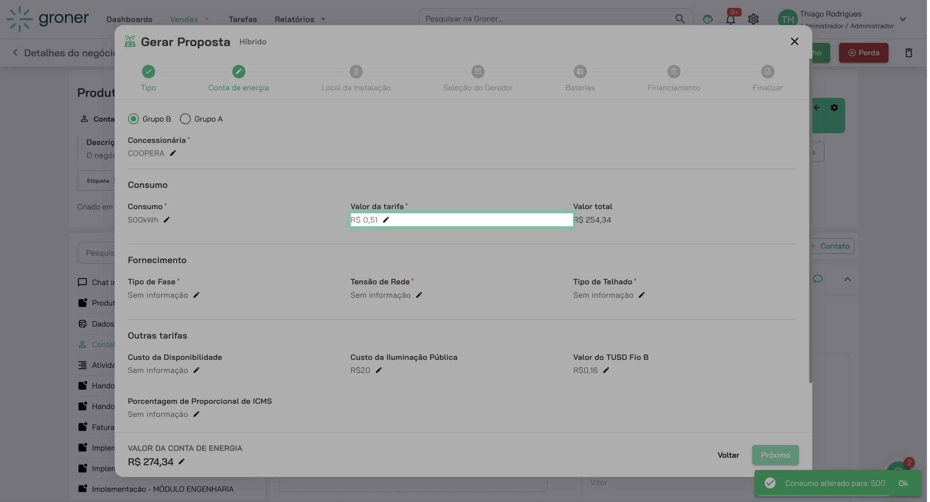 Preencha as tarifas de energia