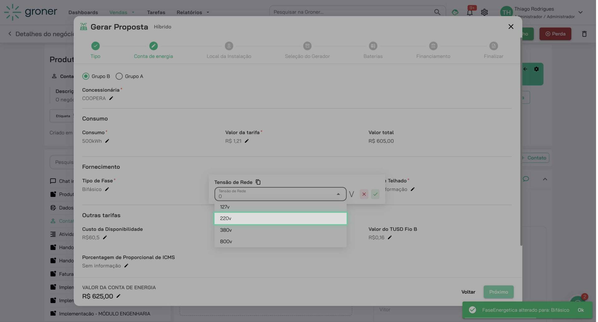 Configure o tipo de fase e tensão