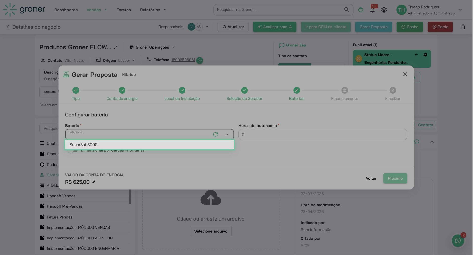 Escolha o modelo de bateria