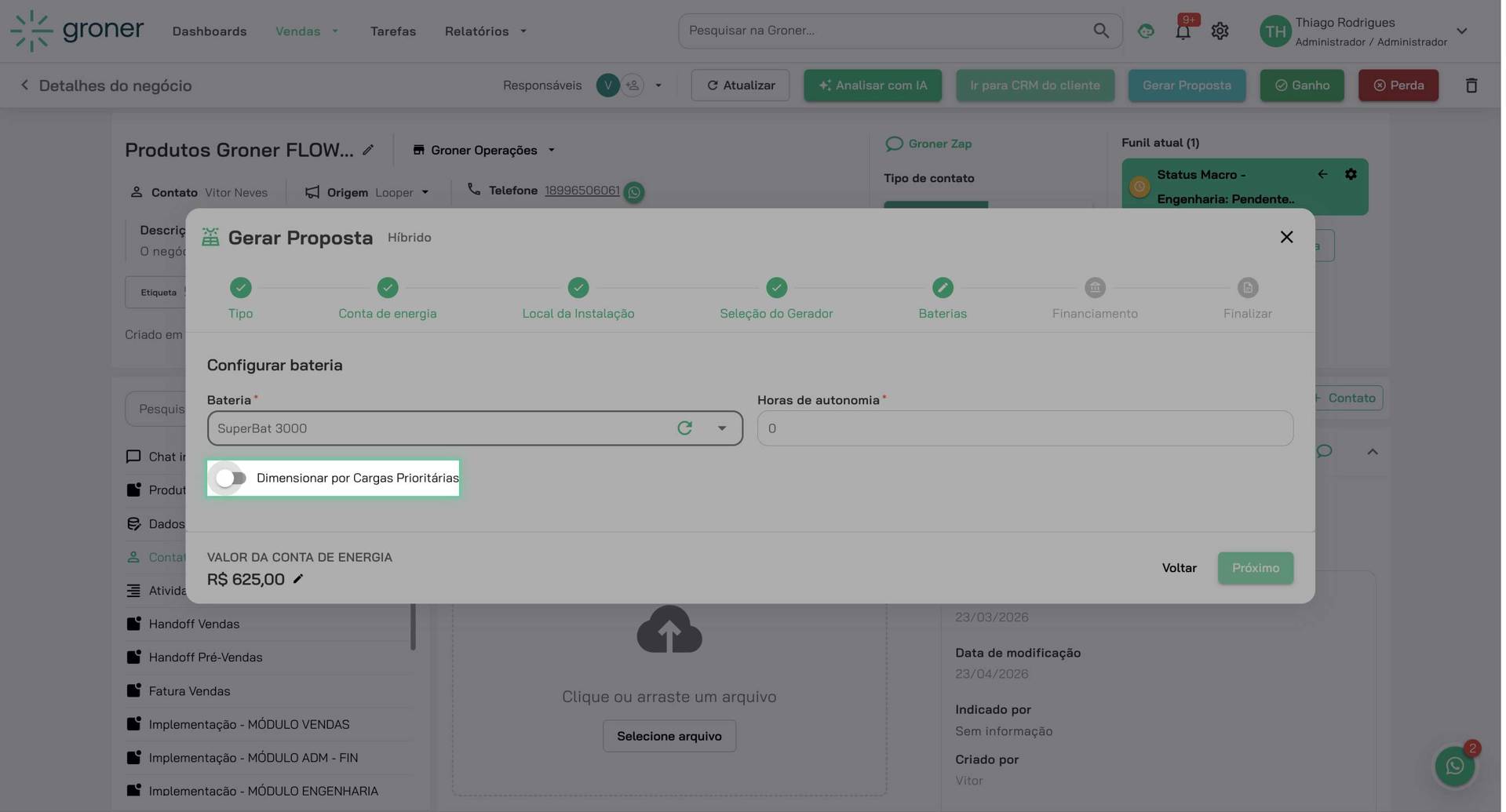 Dimensione a bateria por cargas prioritárias