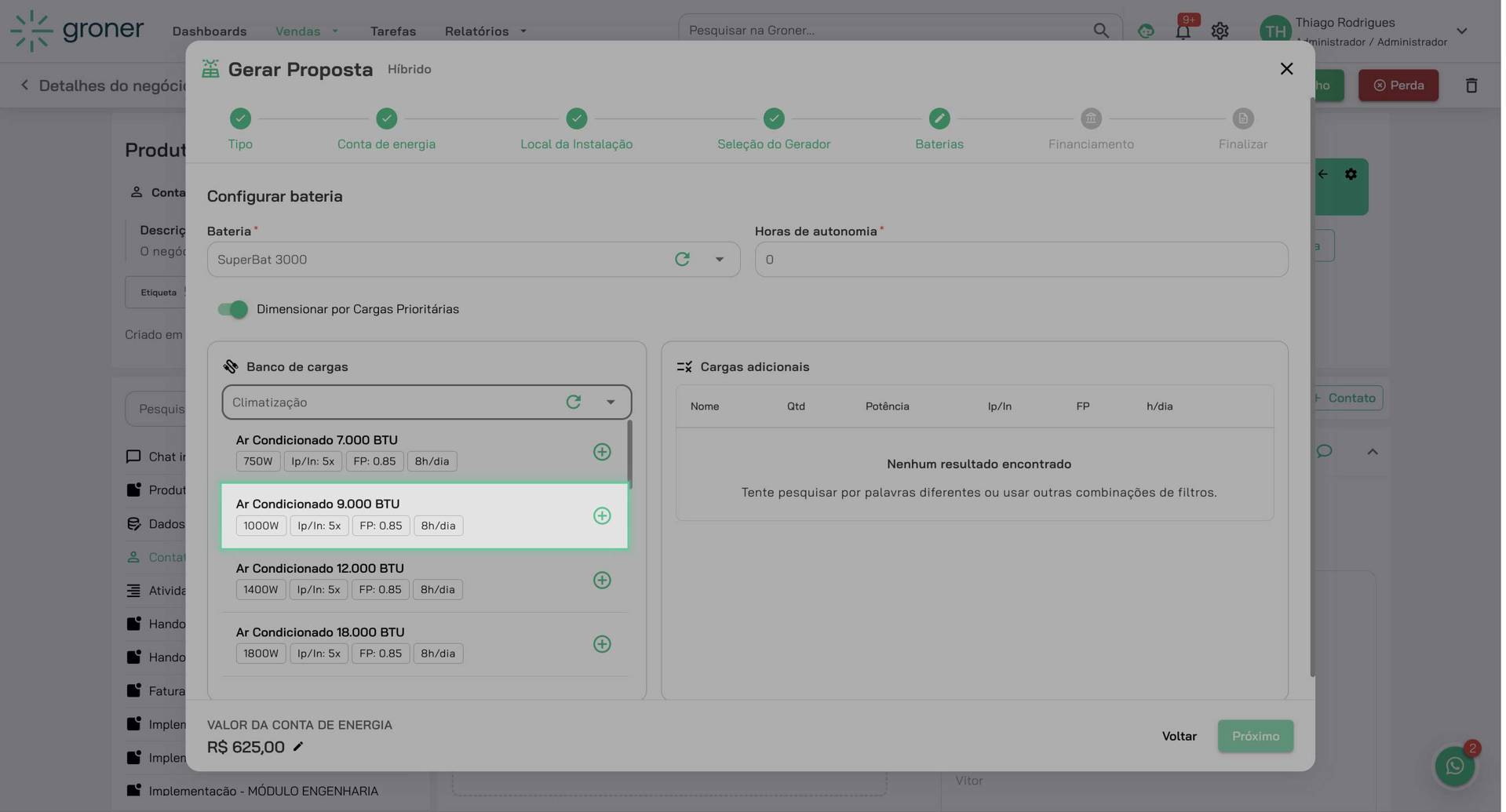 Selecione cargas adicionais