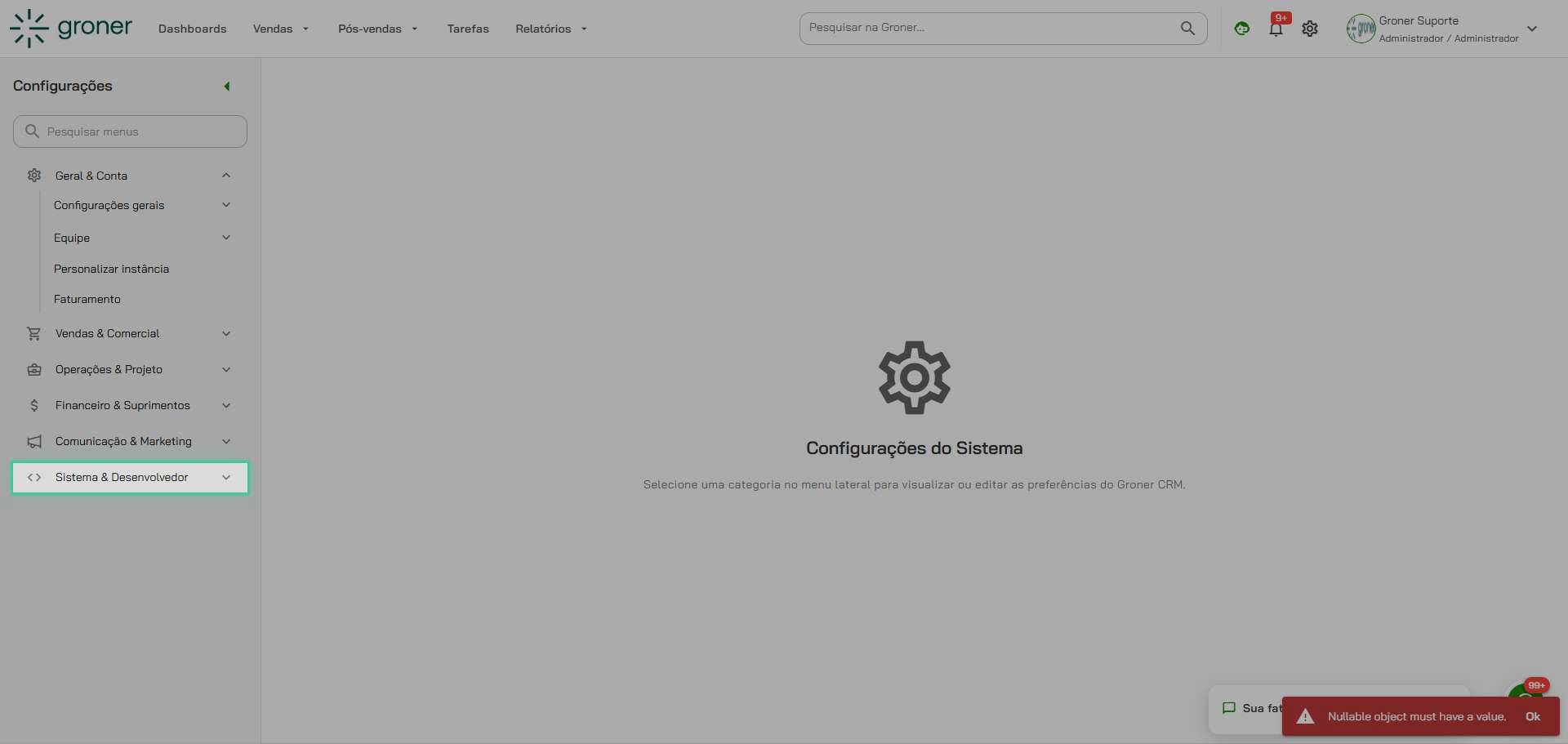 Abra o menu Sistema & Desenvolvedor