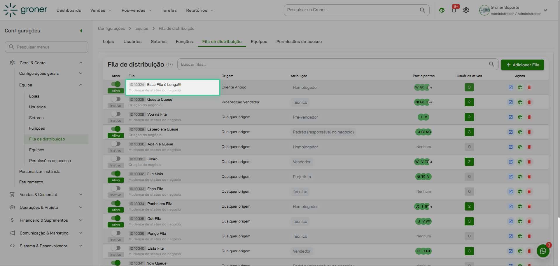 Escolha a fila que deseja ajustar