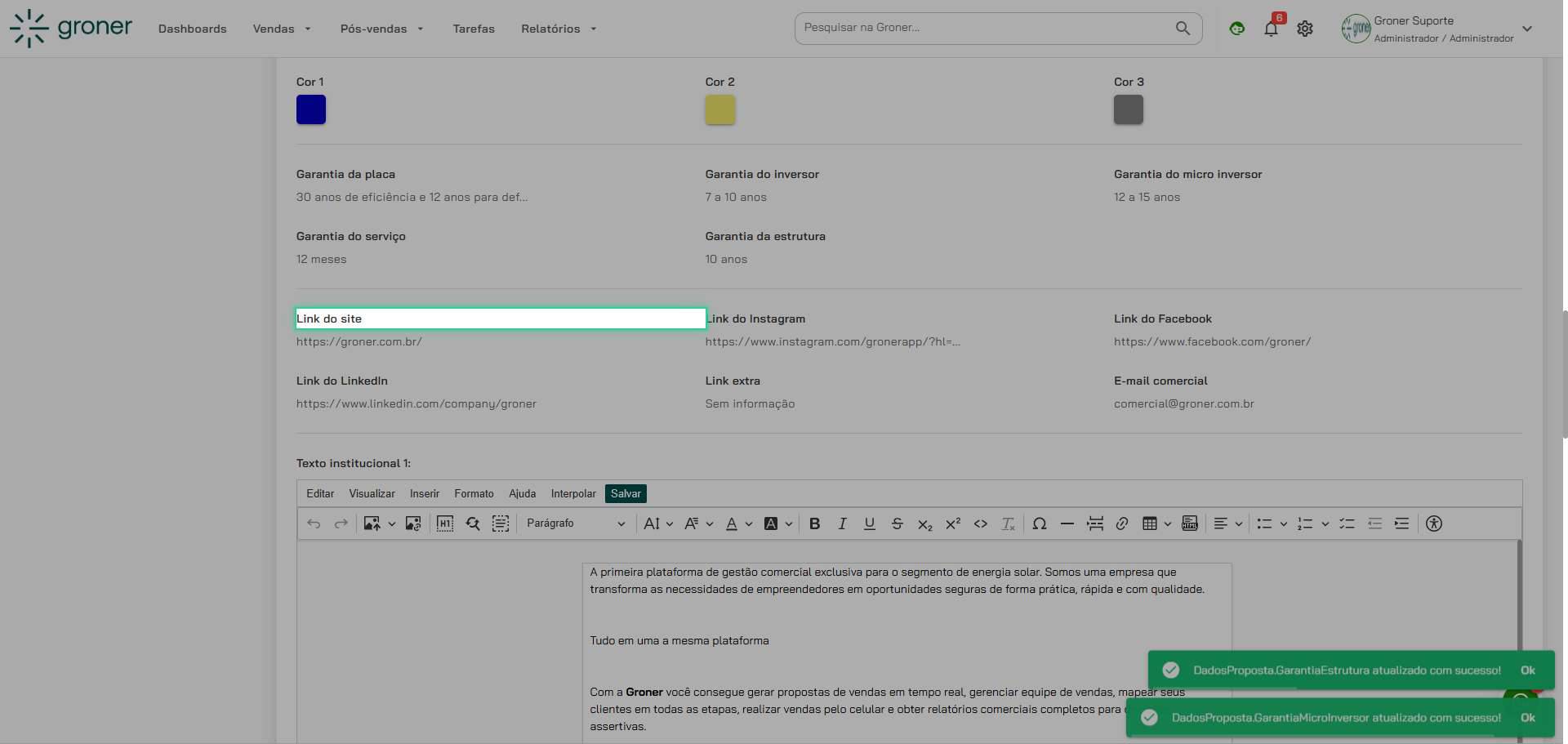 Adicione links de redes sociais e contato