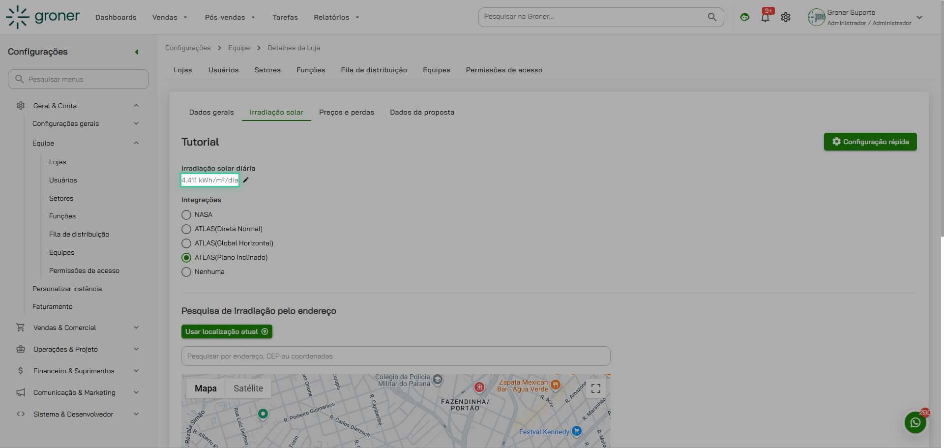 Edite o valor de irradiação