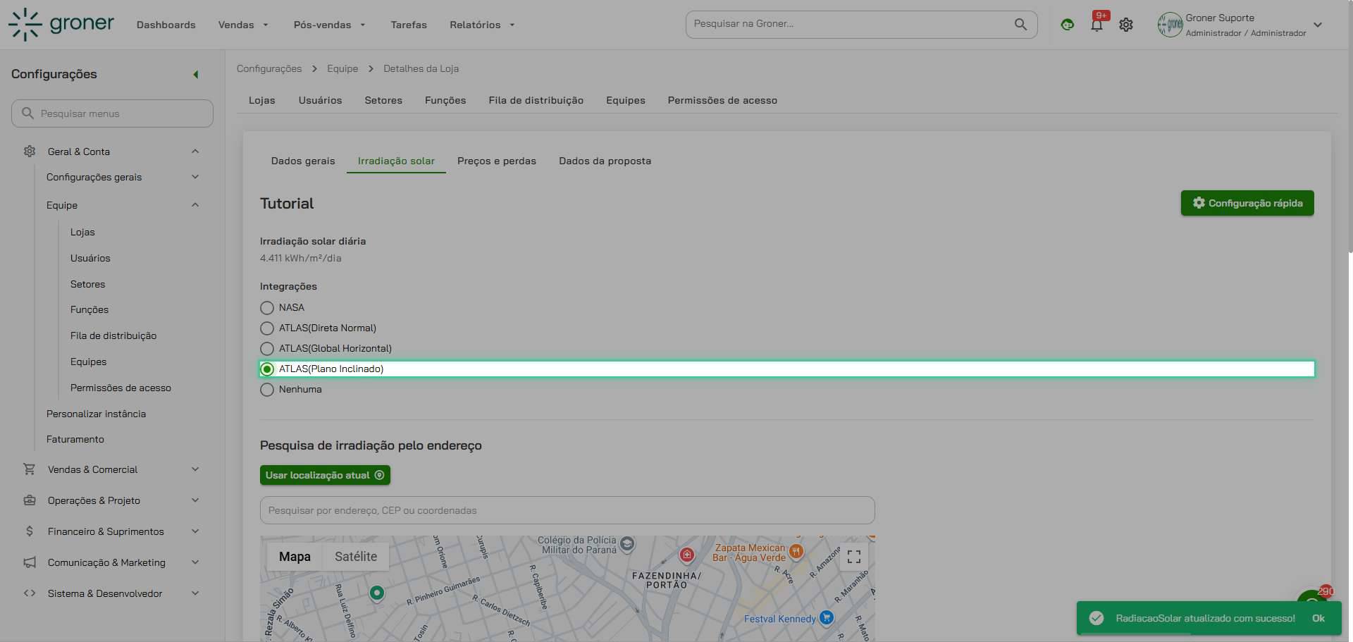 Escolha a fonte de dados de irradiação