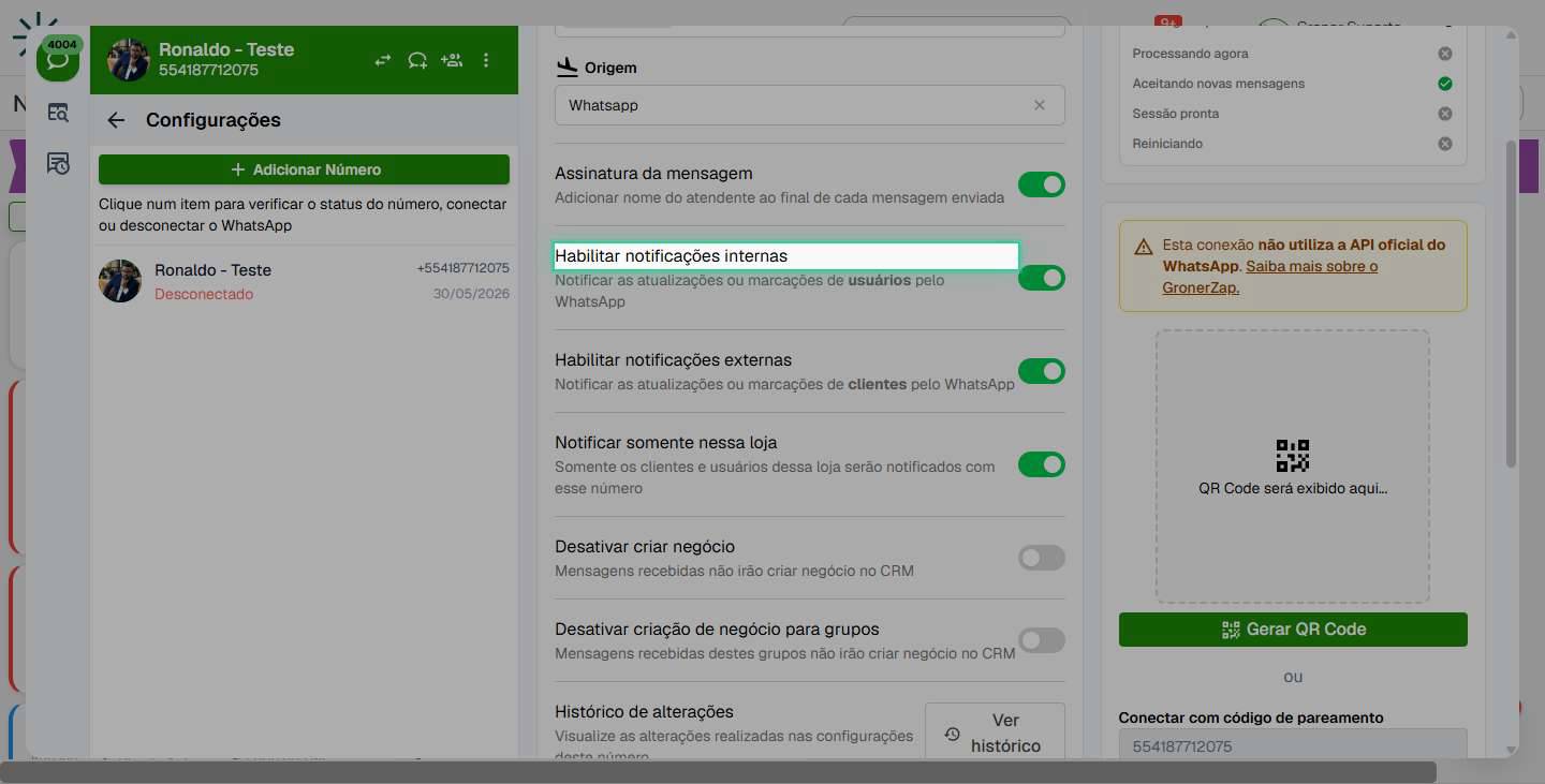 Habilite notificações internas