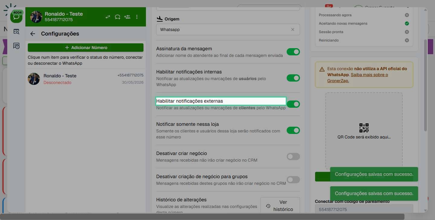 Configure notificações externas para clientes