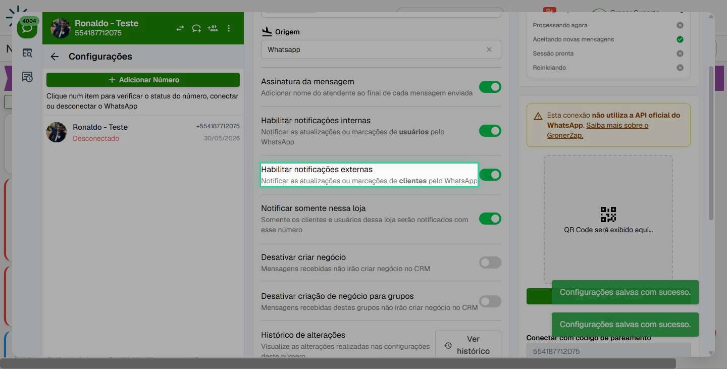 Ative notificações de clientes pelo WhatsApp