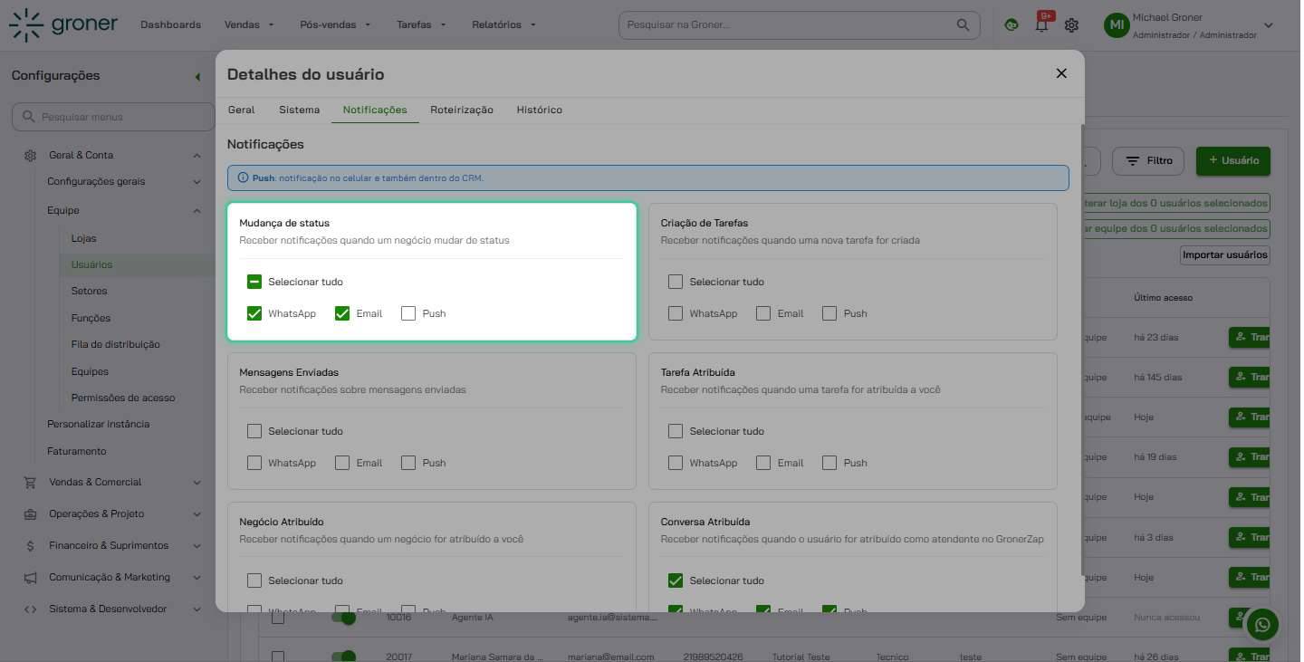Configure as notificações por evento