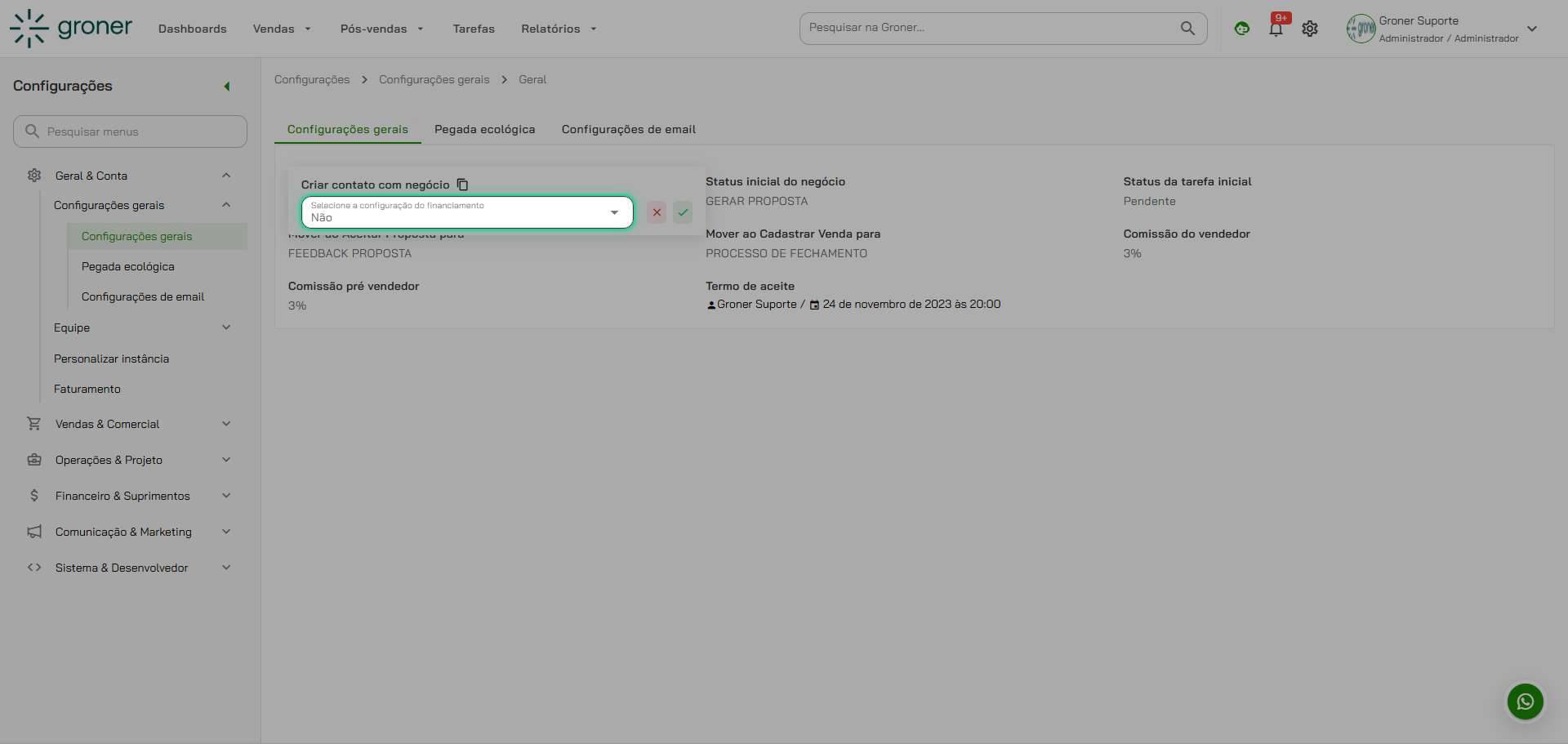 Configure a opção de Financiamento