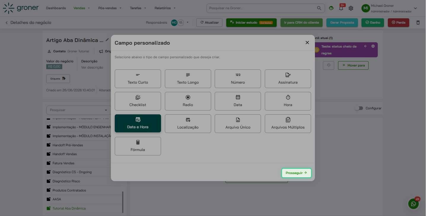 Prossiga para configurar o campo