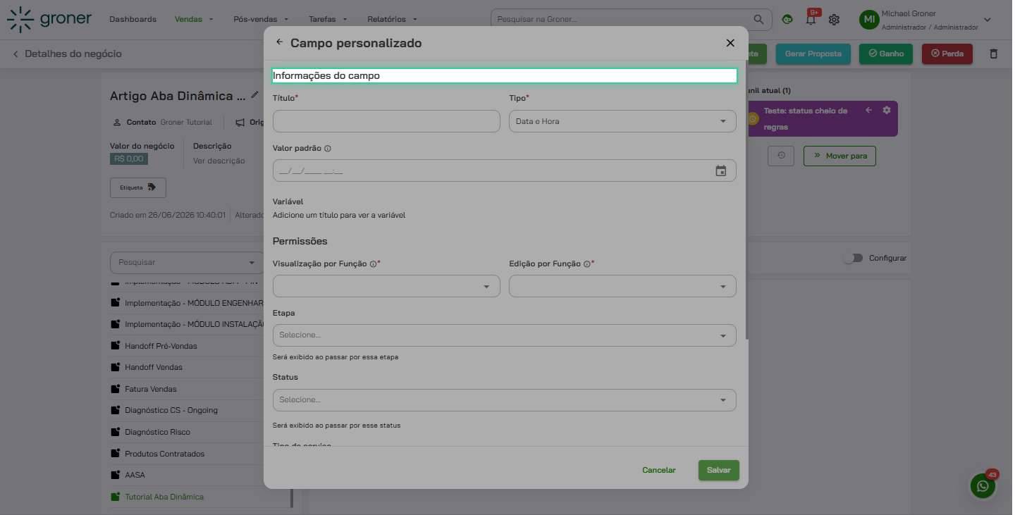 Abra as informações do campo
