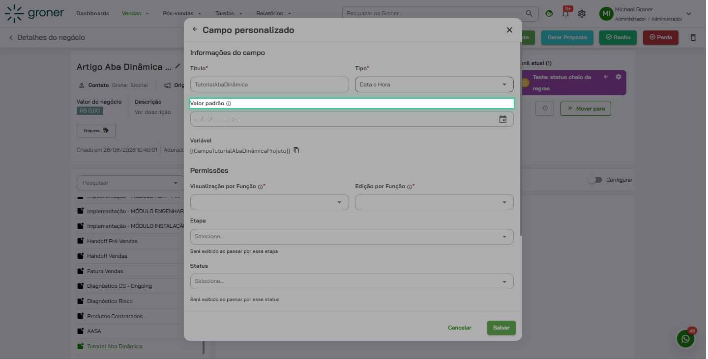 Configure o valor padrão