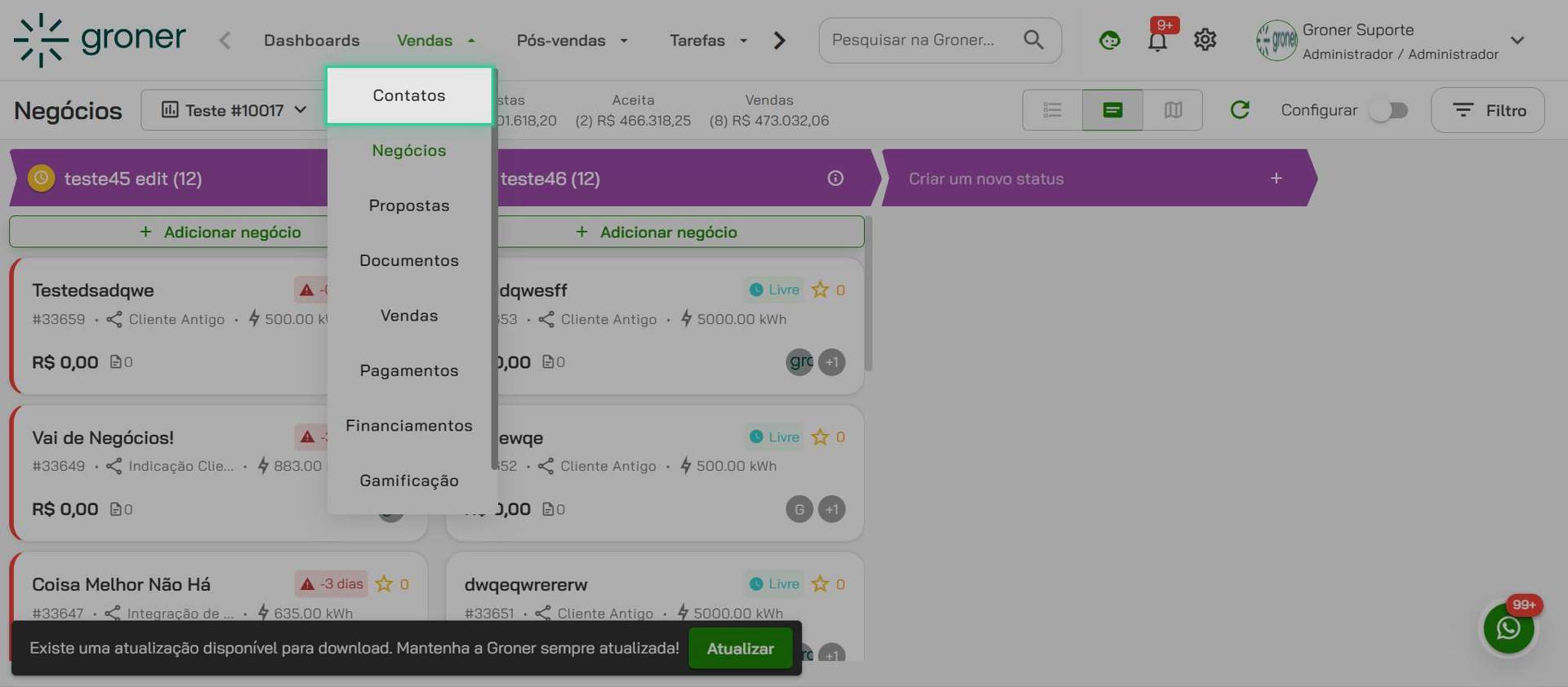 Acesse o menu Vendas e a aba Contatos