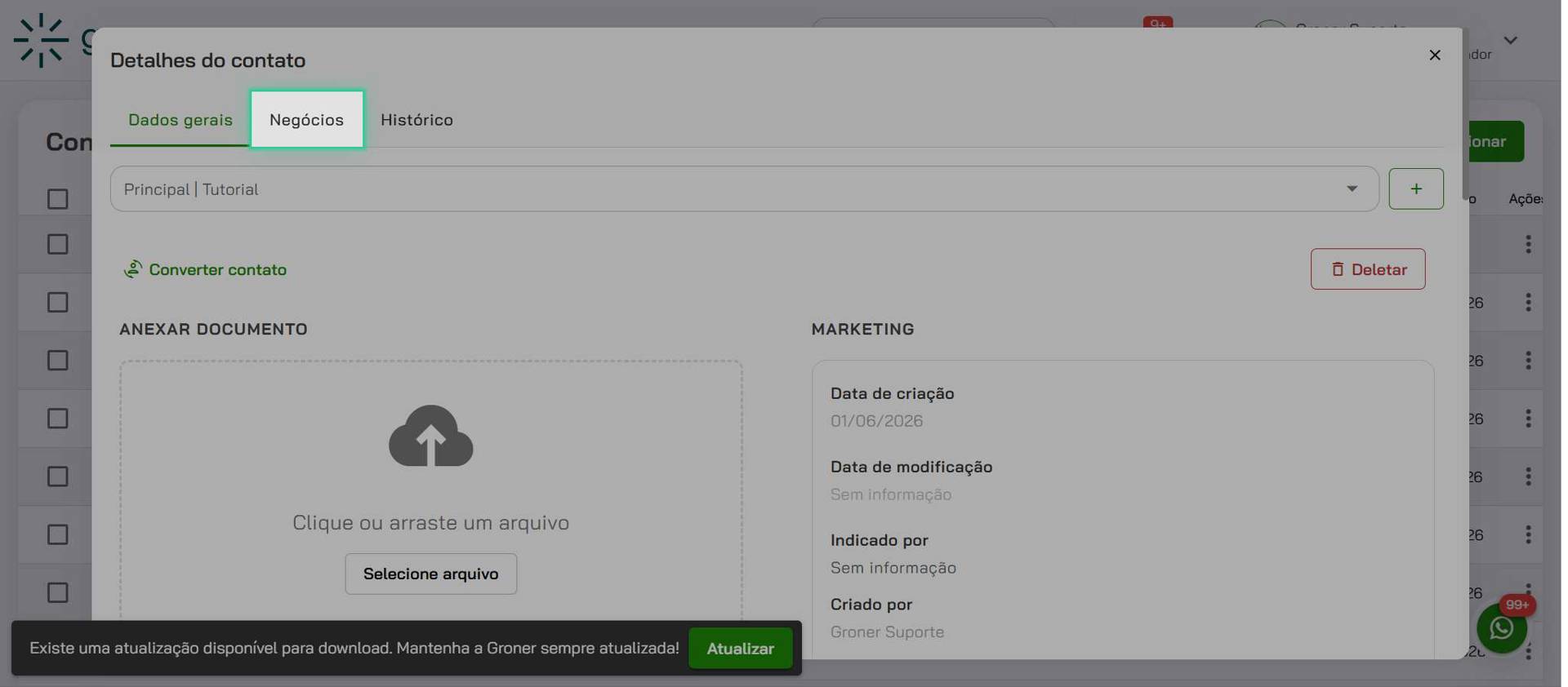 Abra a aba Negócios