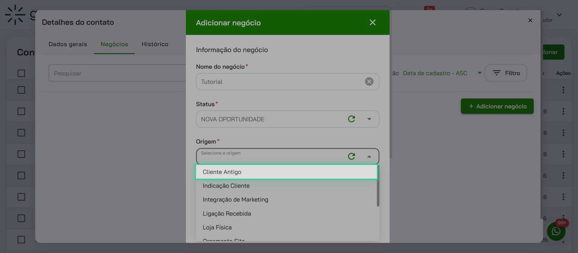 Selecione a Origem do negócio