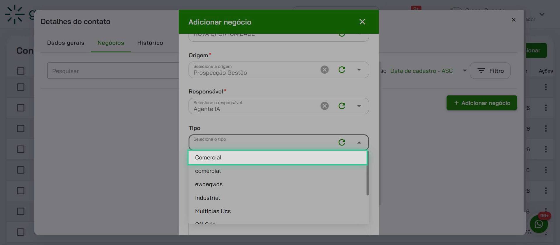 Escolha o Tipo de negócio