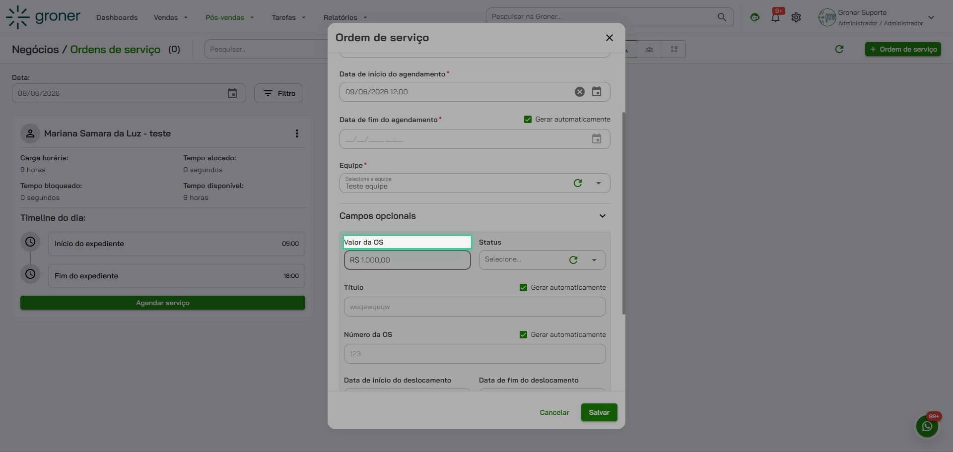 Preencha campos opcionais de valores