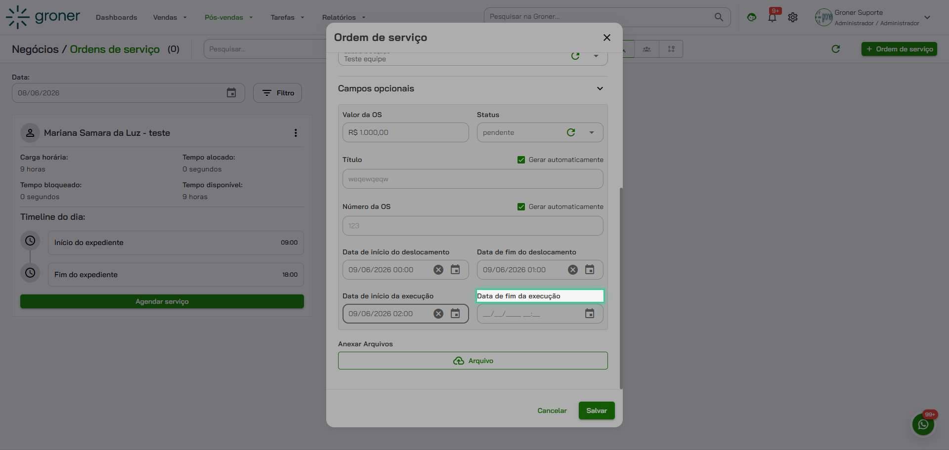 Configure datas de execução do serviço