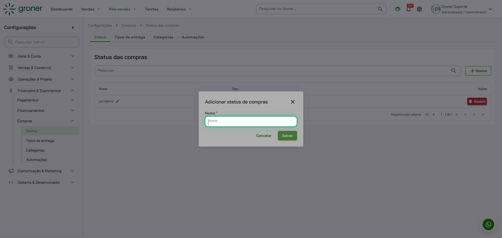 Abra o formulário para novo status