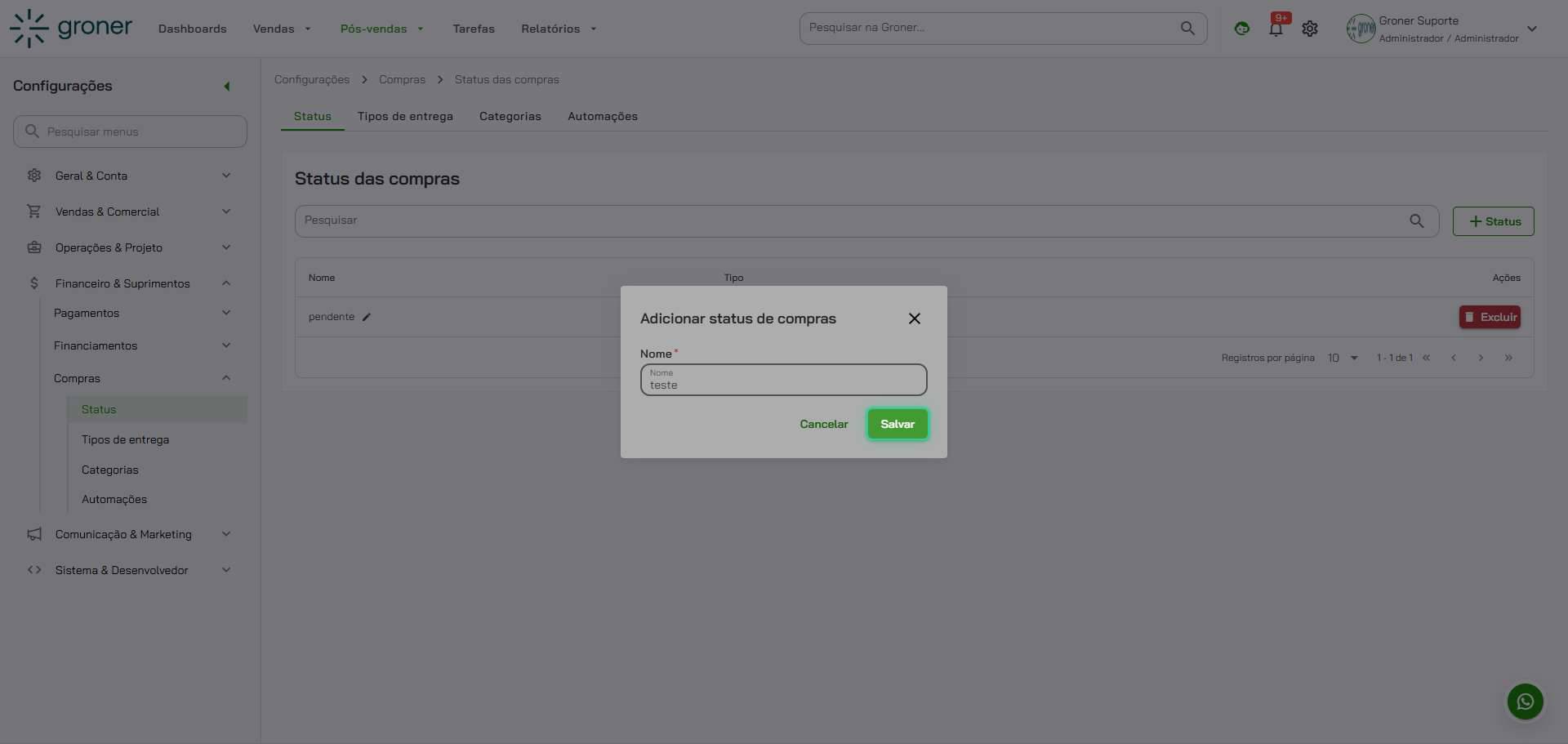Preencha o nome do status