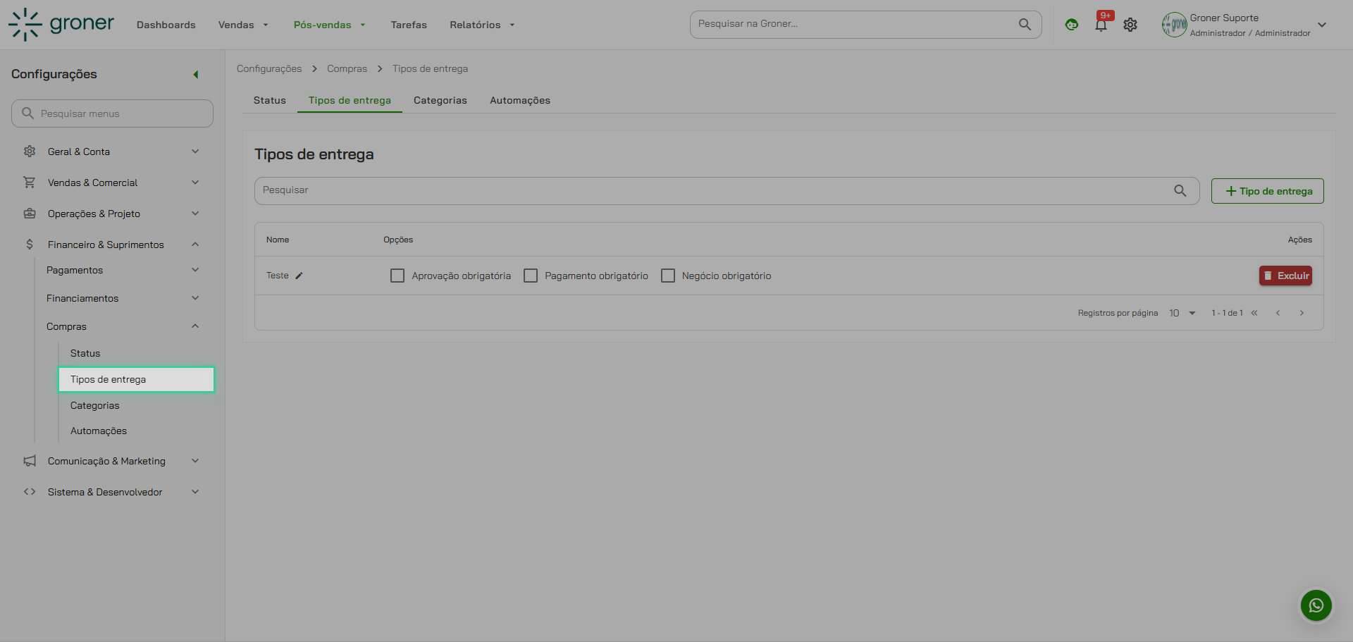 Abra a seção Tipos de entrega