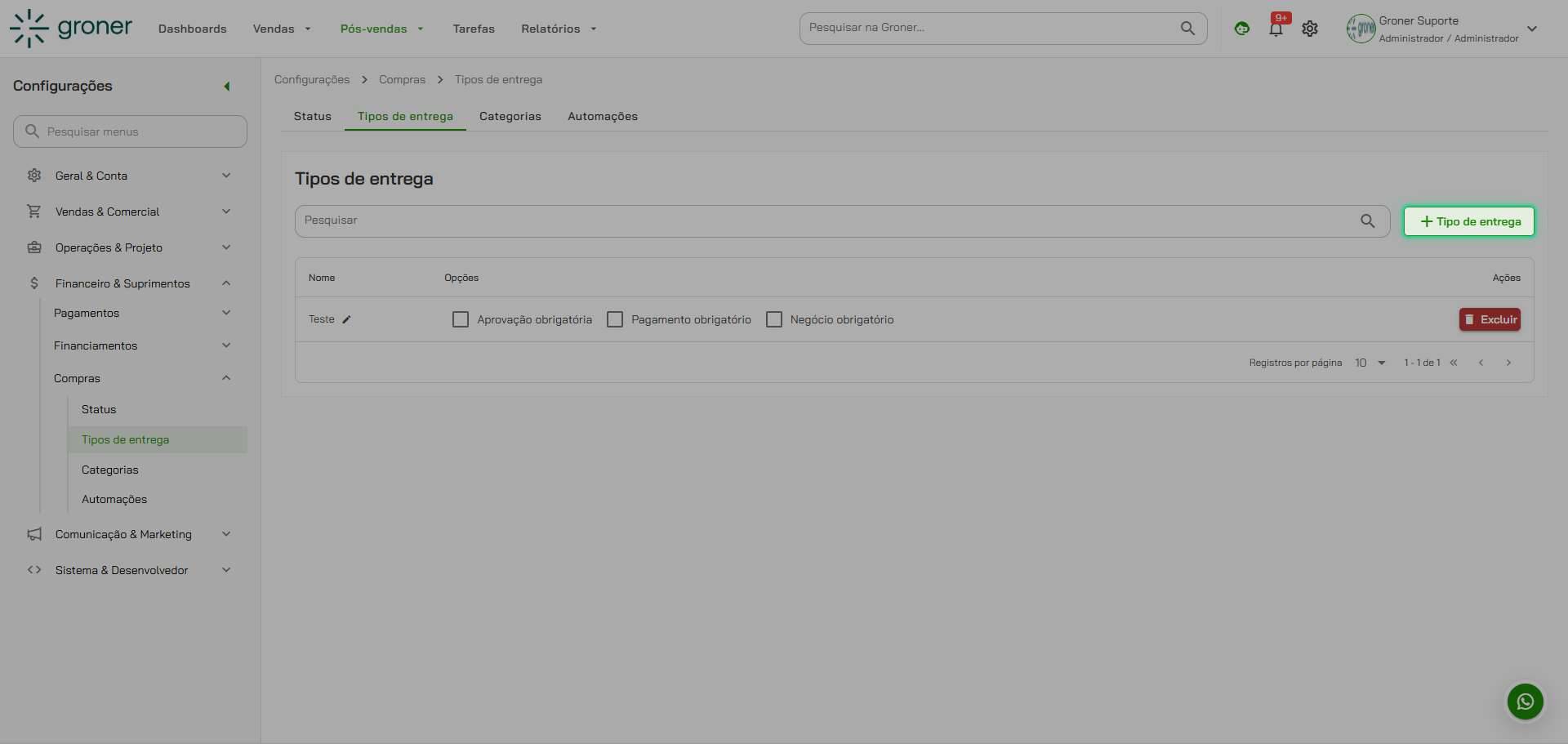 Crie um novo tipo de entrega