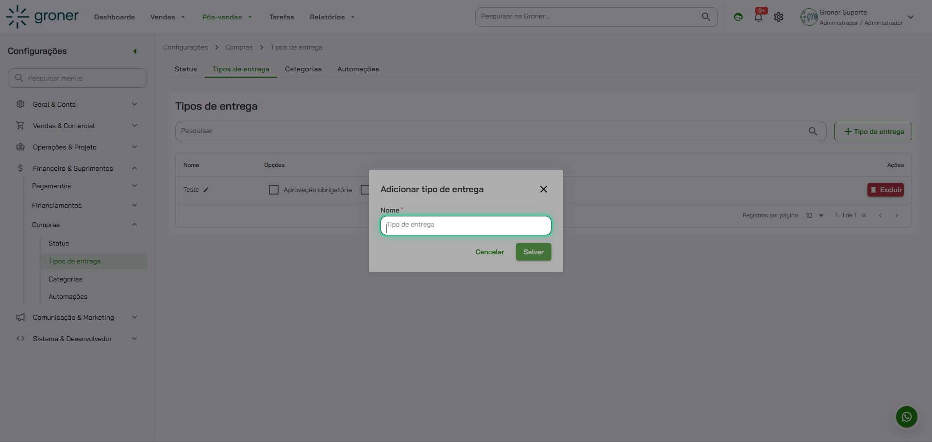Preencha o nome do tipo de entrega