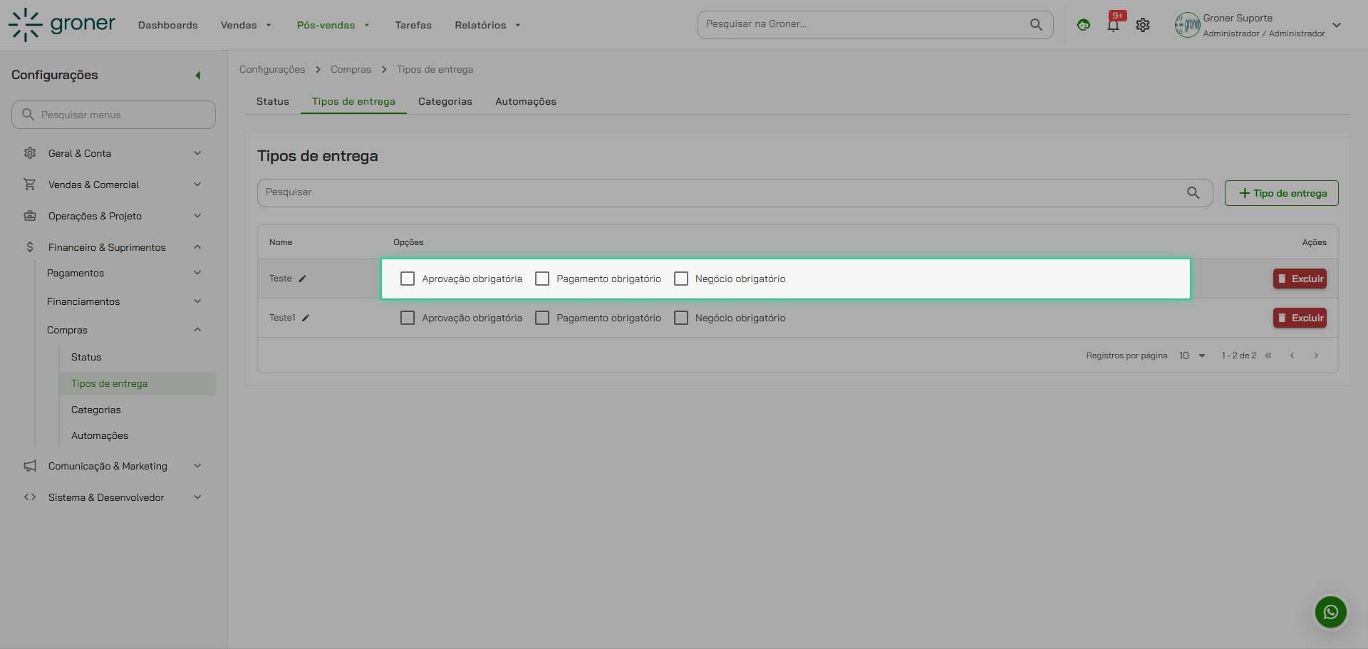 Configure as exigências obrigatórias