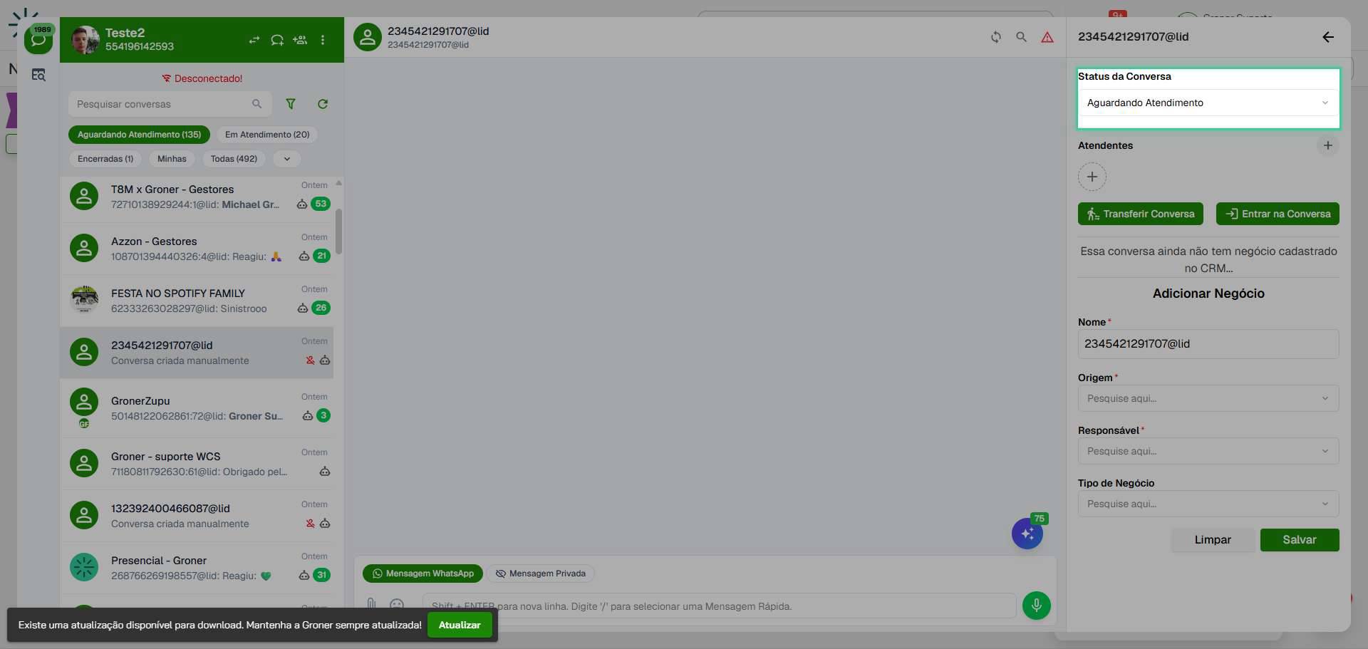 Acesse o campo de Status da Conversa
