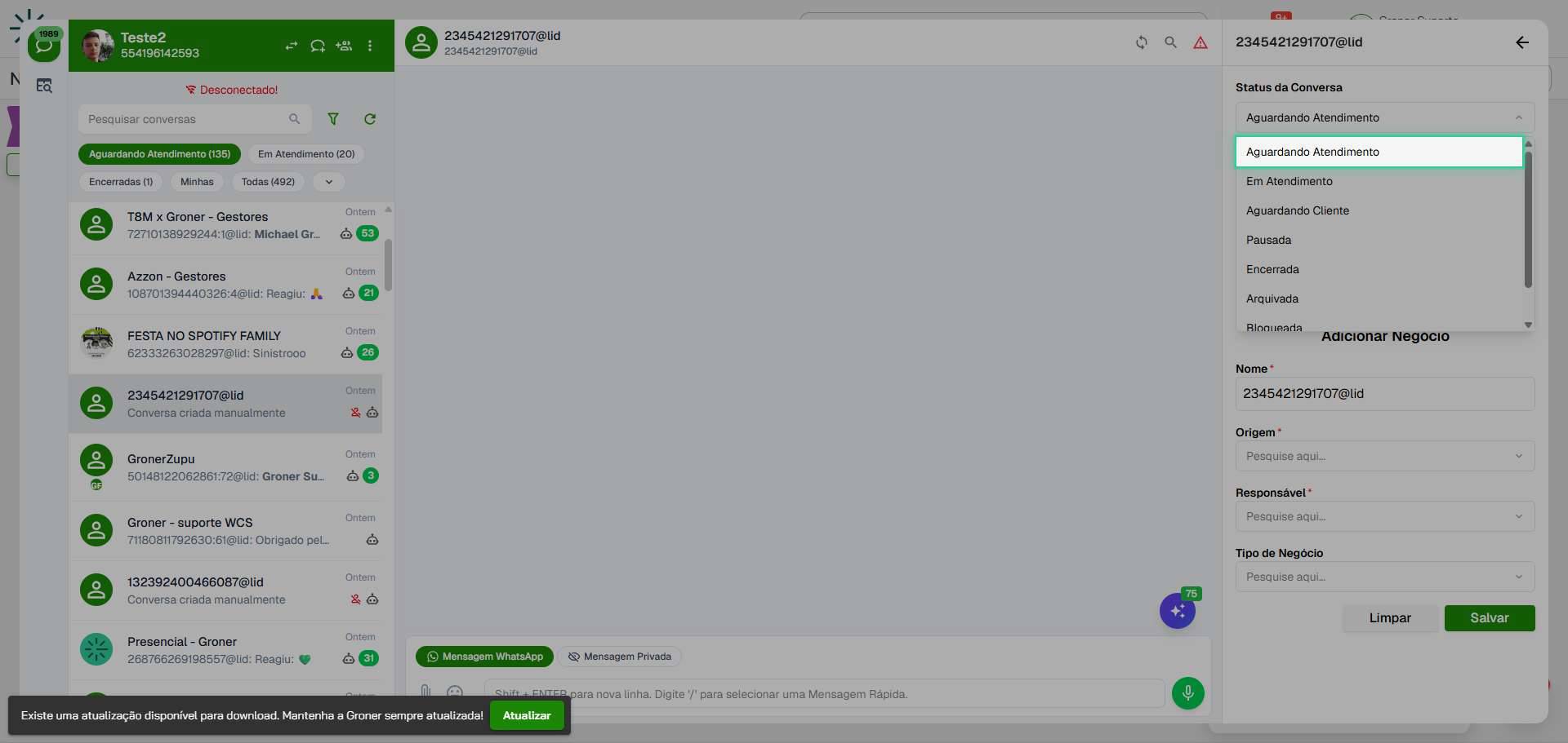 Escolha o status apropriado