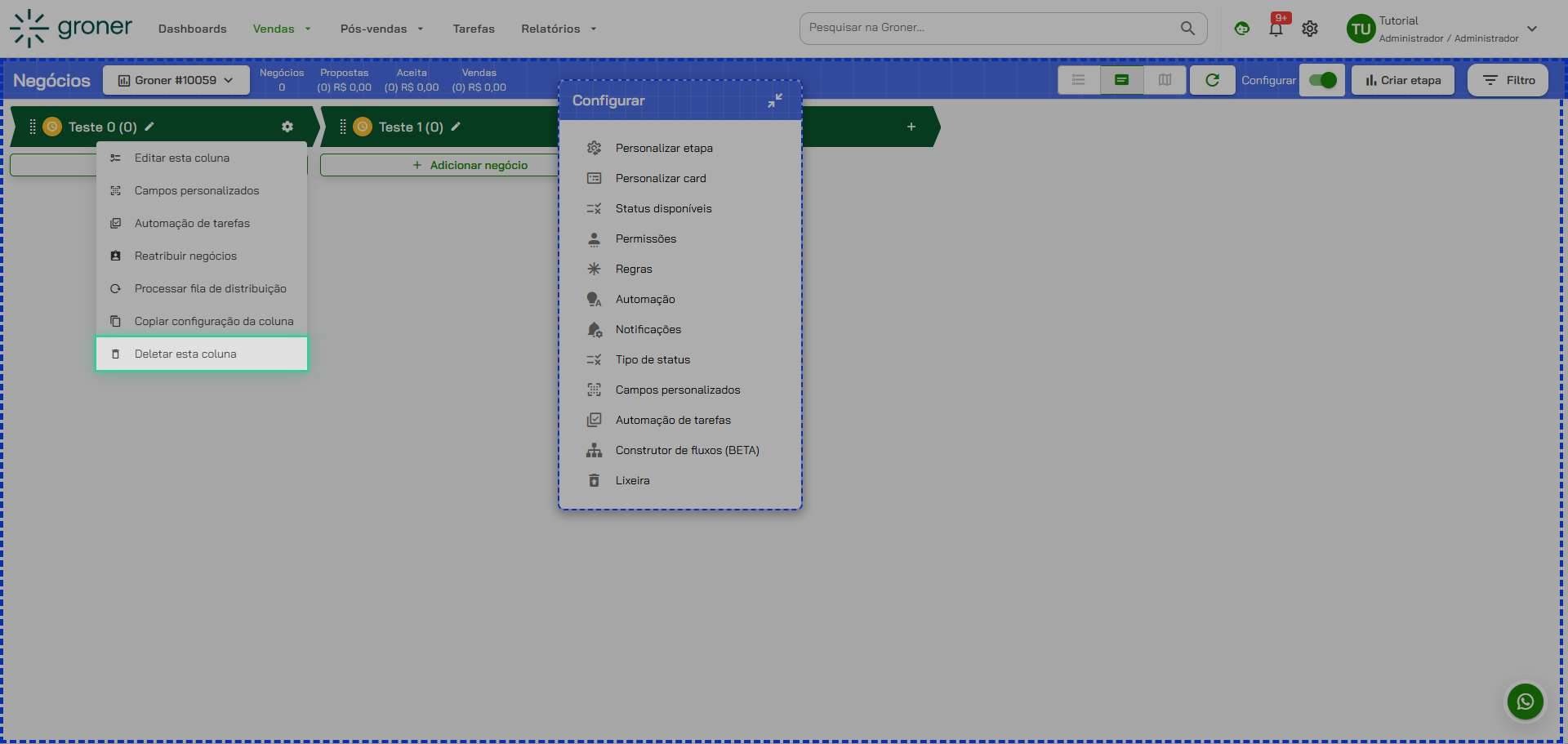 Clique em 'Deletar esta coluna'