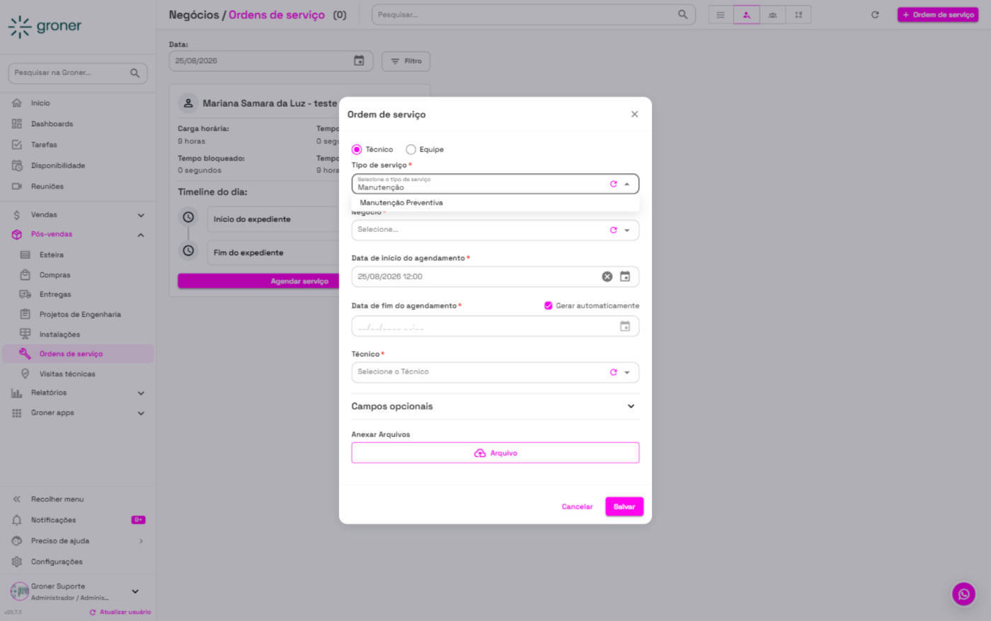 O Tipo de Serviço aparece disponível na lista