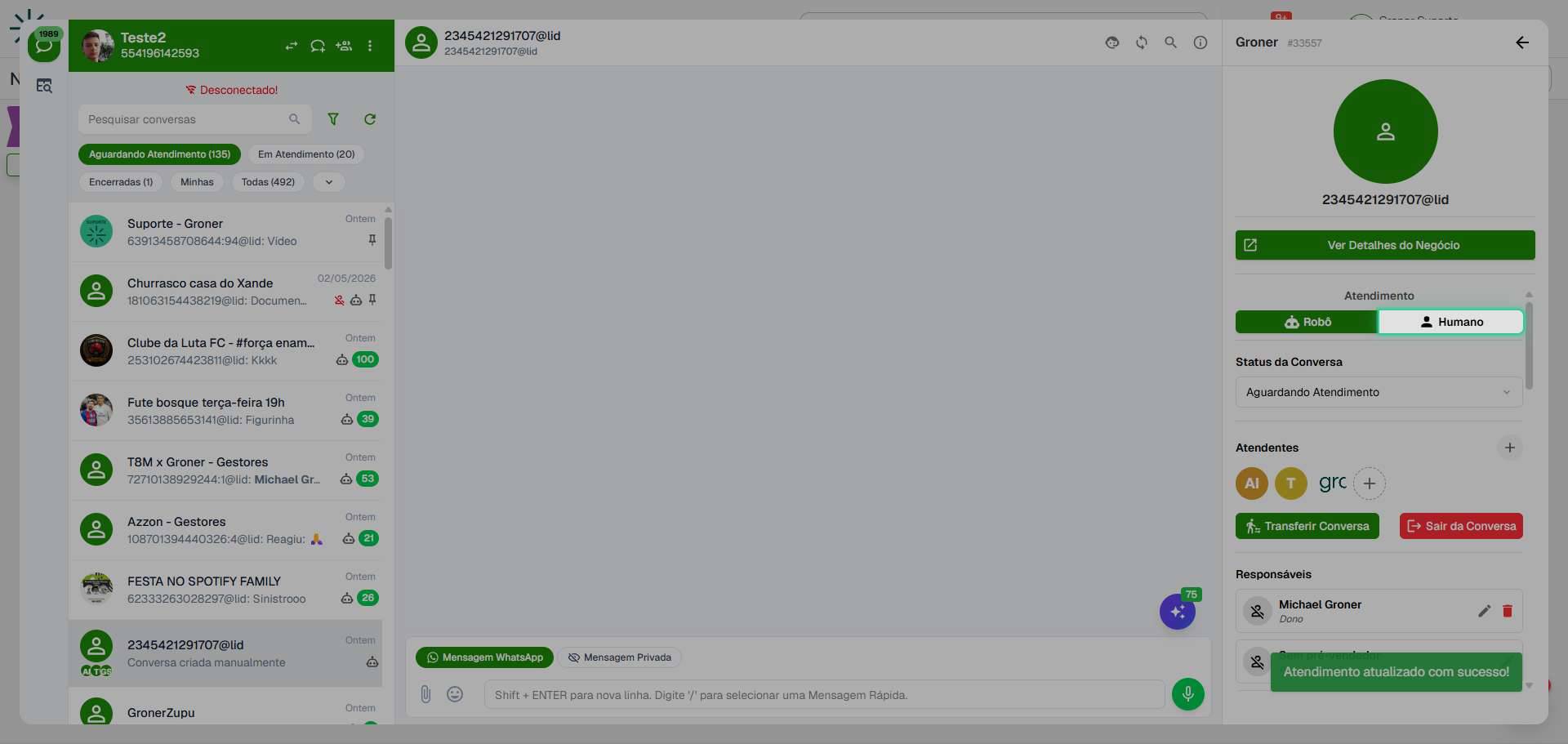 Mude o status de Robô para Humano